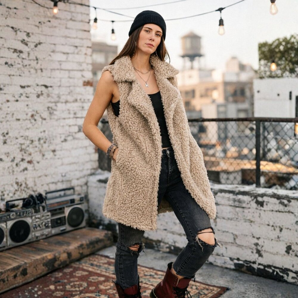 Soft Cozy Shaggy Faux Fur Long Vest Fuzzy Wrap Khaki